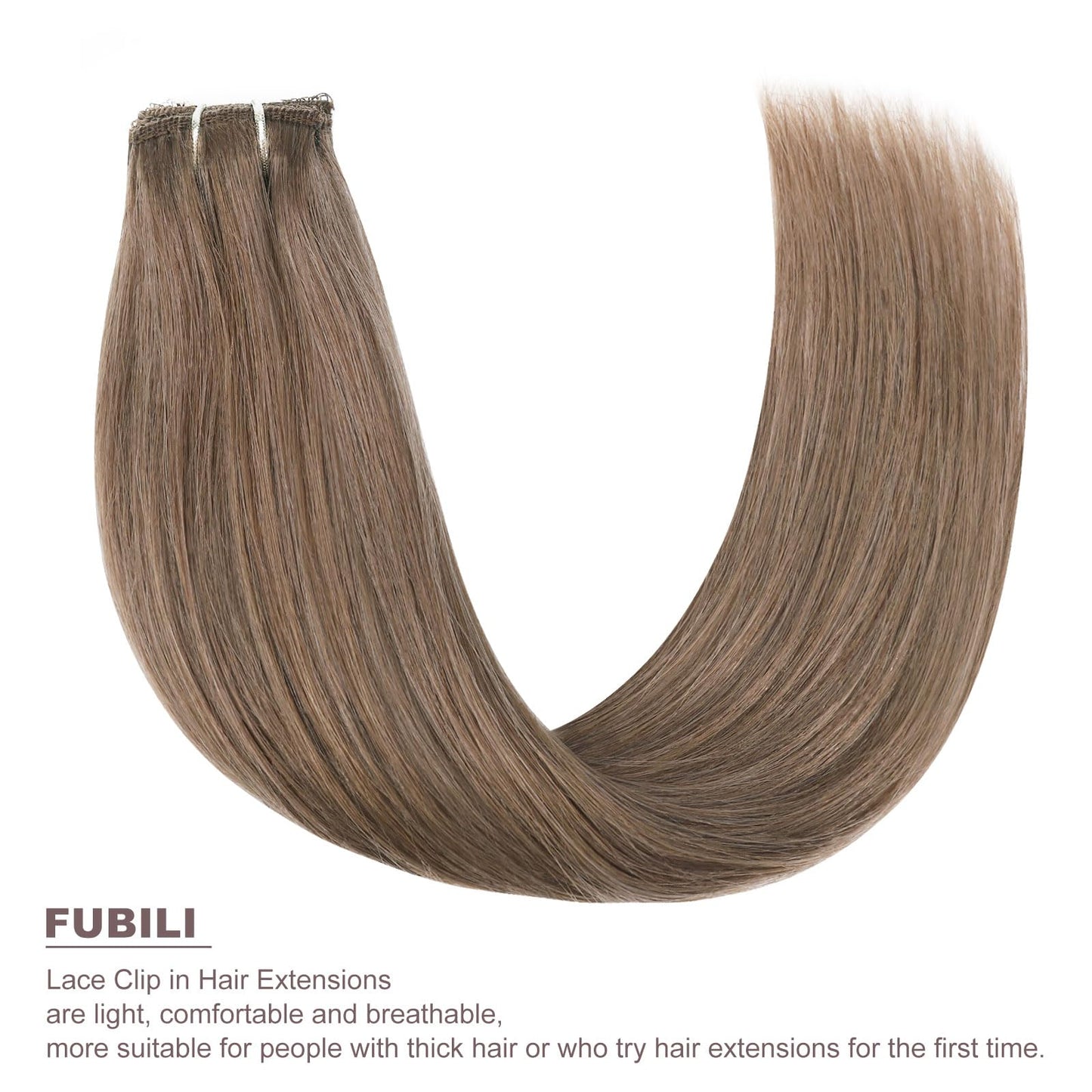 FUBILI Ash Brown clip in hair extensions Natural Remy Real Human straight Hair Extensions 30g 5pcs 14 Inch