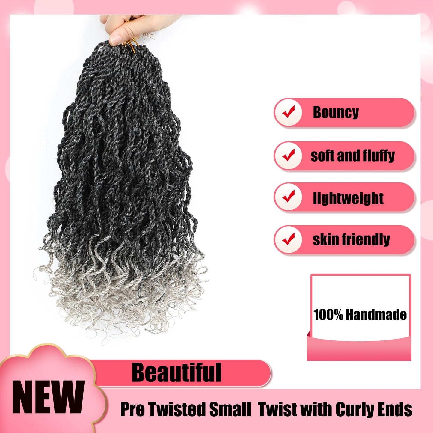 Wavy Senegalese Twist Crochet Hair For Black Women 8 Inch 10 Packs Senegalese Twist Braiding Hair Crochet Twists Pre Looped Twist Crochet Hair Curly Crochet Twist Hair With Curly Ends(1B/Gray)
