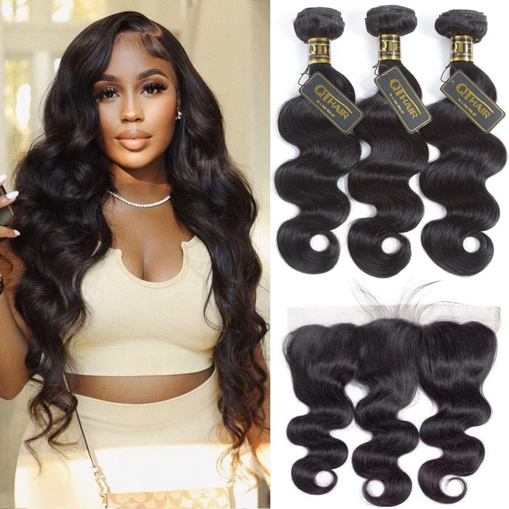 QTHAIR 12A Grade Body Wave Bundles with Frontal Human Hair Bundles with Lace Frontal Body Wave Hair Brazilian Virgin Hair Ear To Ear Frontal with Body Wave Bundles (12 14 14+10 frontal, Natural Color)