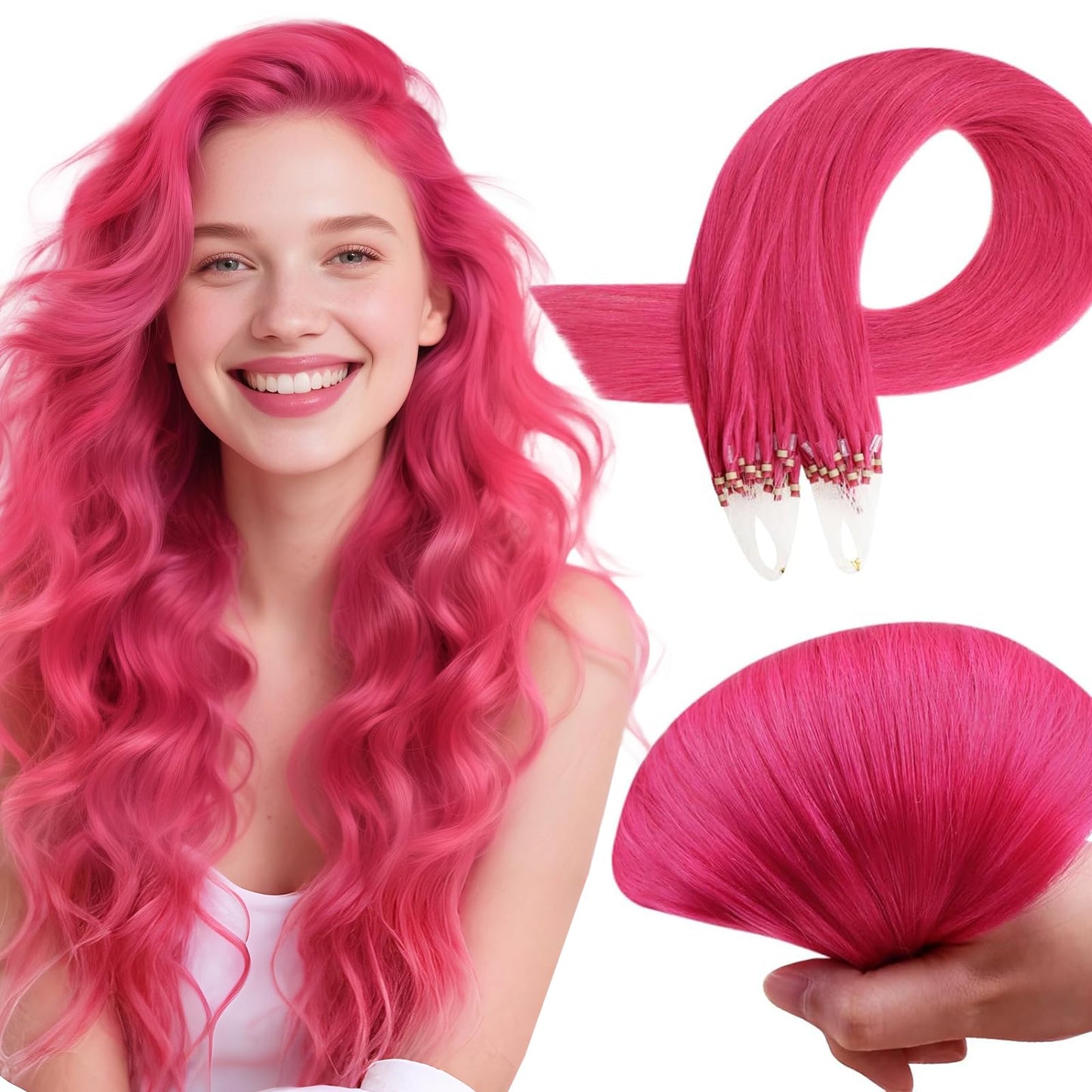 RUNATURE Micro Link Hair Extensions 16 Inch Straight Hot Pink Human Hair 25g 25s