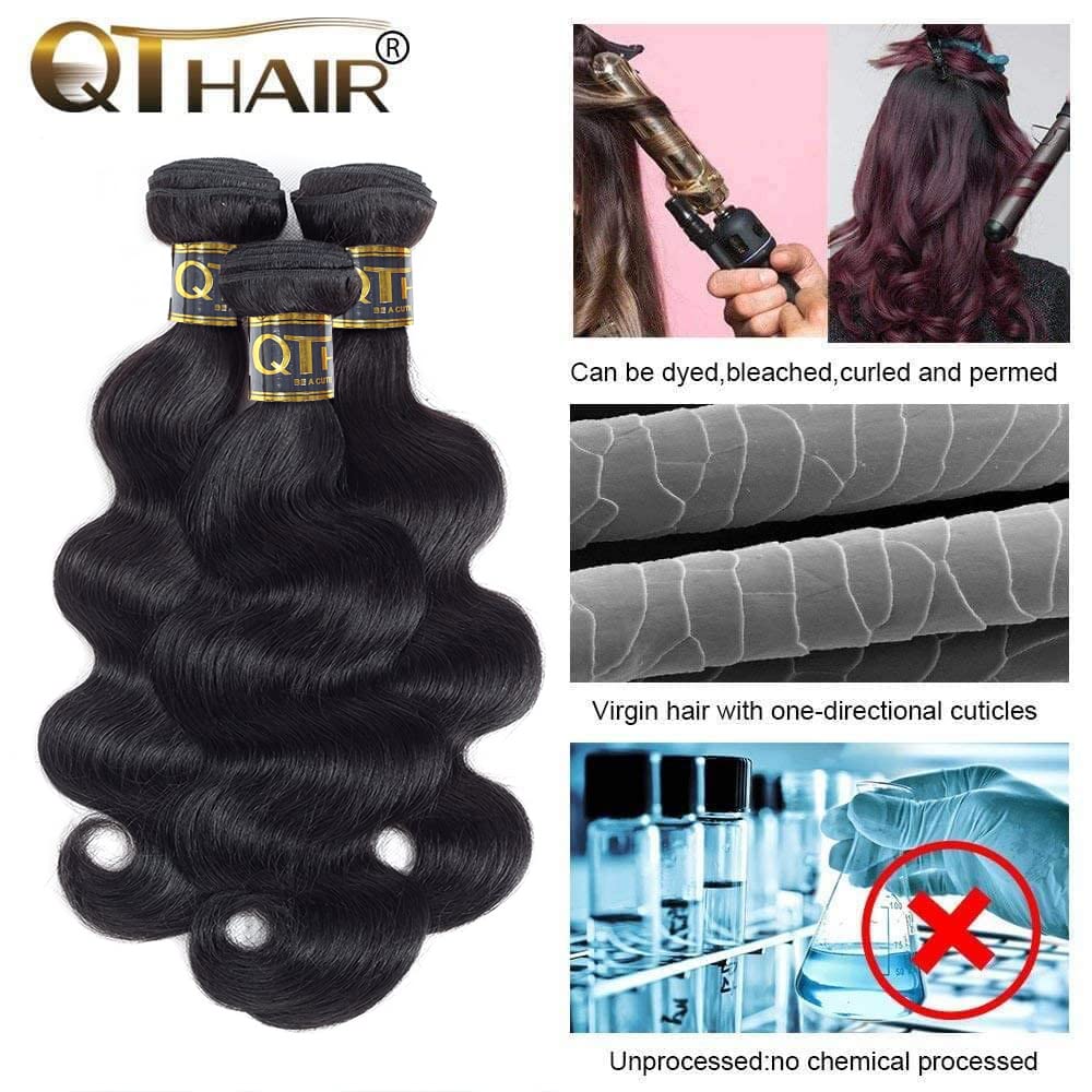 QTHAIR 12A Grade Body Wave Bundles with Frontal Human Hair Bundles with Lace Frontal Body Wave Hair Brazilian Virgin Hair Ear To Ear Frontal with Body Wave Bundles (12 14 14+10 frontal, Natural Color)