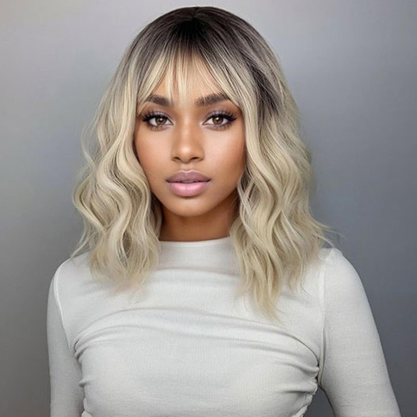 VCKOVCKO Bob Wig - Black-gold Gradient, Wavy, Air Bangs, Shoulder Length, Synthetic, Pastel for Women (12")