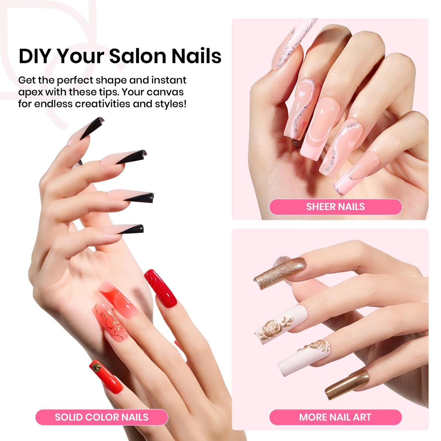 Beetles Tipex Nail Tips Long Square-C Curved Half Matte Nail Tips 224 Pcs Pre Building Fake Nails with Uv Nail Glue, LED Nail Lamp - Thick Acrylic Nail Set for Flat Nails