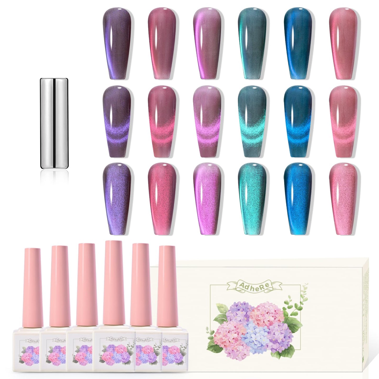 ADHERE 12ML Cat Eye Gel Nail Polish Kit, Magnetic Gel Polish 6 Colors with 1 Magnets, Holographic Glitter Series Cat Eye Gel Polish Soak Off Nail Art Salon Home DIY