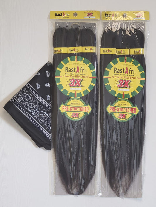 RastAfri Pre-Stretched Silky Braiding Hair 3X with Bandana - 2 Packs (#4)