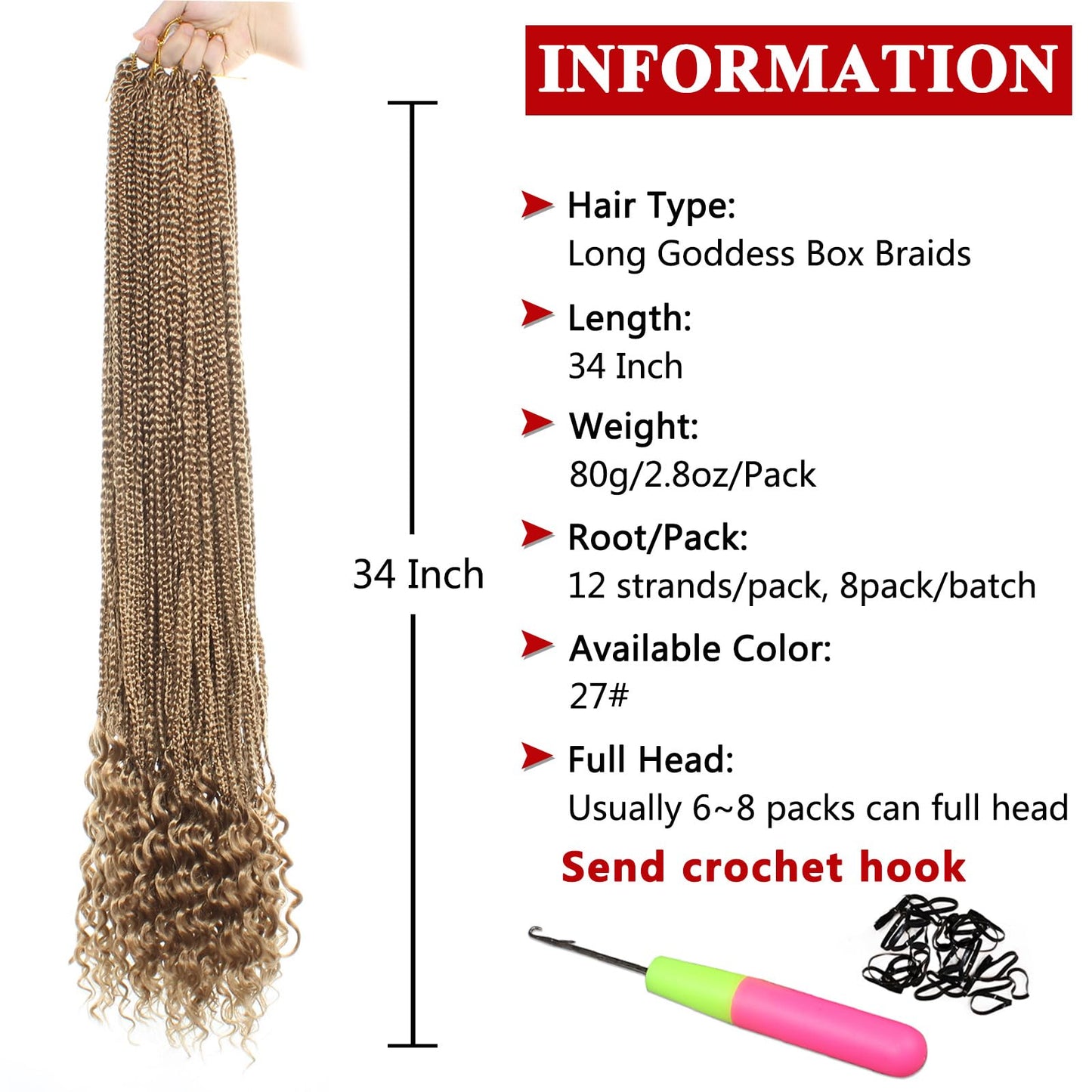 Xtrend 8 Packs 34 Inch Goddess Box Braids Crochet Hair Prelooped Knotless 3X Braids Strawberry Blonde Hair Extensions Curly Ends Boho Jumbo Box Braiding Hair for Women (12Strands/pack 27#)