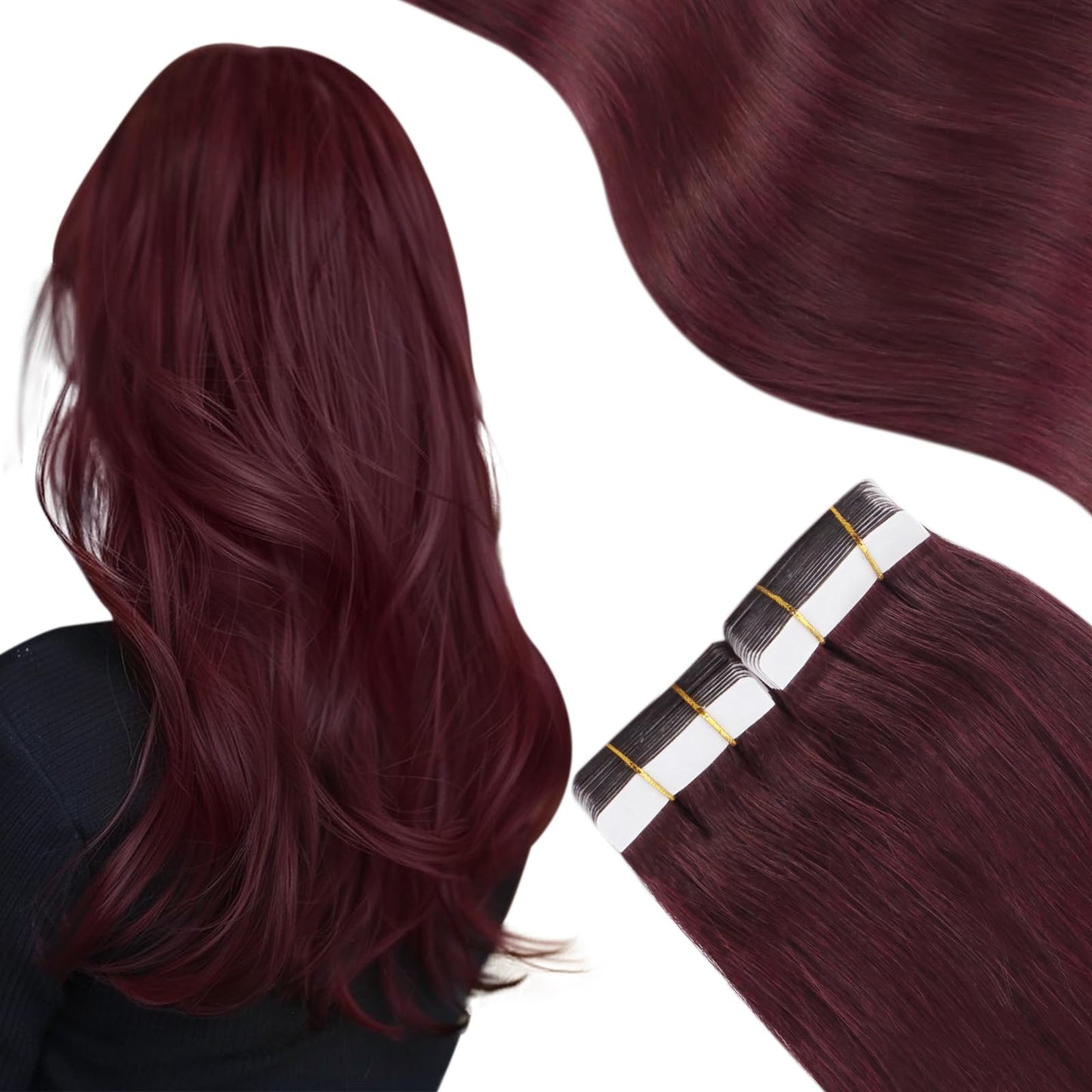 Moresoo Wine Red Tape in Hair Extensions Real Human Hair Tape in Extensions Burgundy Hair Extensions Human Hair Tape in Seamless Human Hair Extensions 10 Inch #99J 20pcs 30g