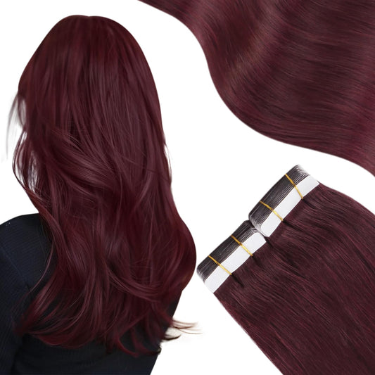Moresoo Wine Red Tape in Hair Extensions Real Human Hair Tape in Extensions Burgundy Hair Extensions Human Hair Tape in Seamless Human Hair Extensions 10 Inch #99J 20pcs 30g