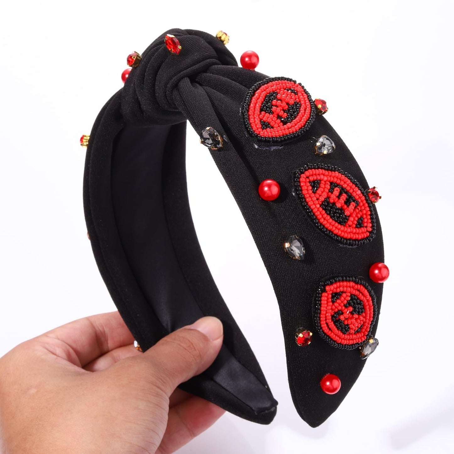 JERTOCLE Football Knotted Headbands for Women Game Day Sports Headband Pearl Crystal Bejeweled Wide Top Knot Hairband Game Day Hair Accessories (Red Black2)