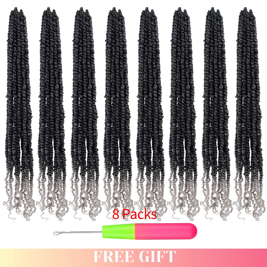 BOHOBABE Long Pre-Twisted Passion Twist Crochet Hair 36 Inch Pre-Looped Ombre Gray Braiding Hair 8 Packs Soft Bohemian Twists (T1B/Grey)