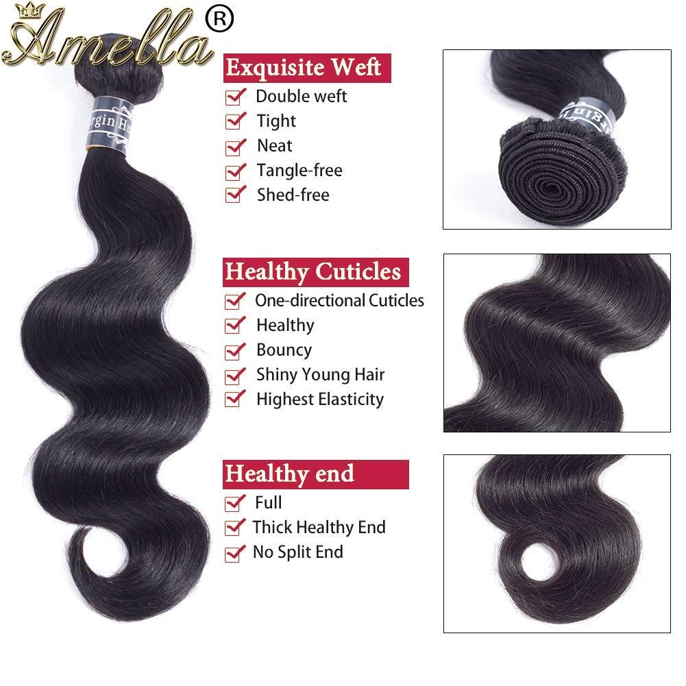 Amella Hair 8A Brazilian Body Wave Human Hair 4 Bundles (12 14 16 18) Brazilian Virgin Remy Hair Weave Bundles Unprocessed Body Wave Virgin Human Hair Bundles Remy Human Hair Extensions