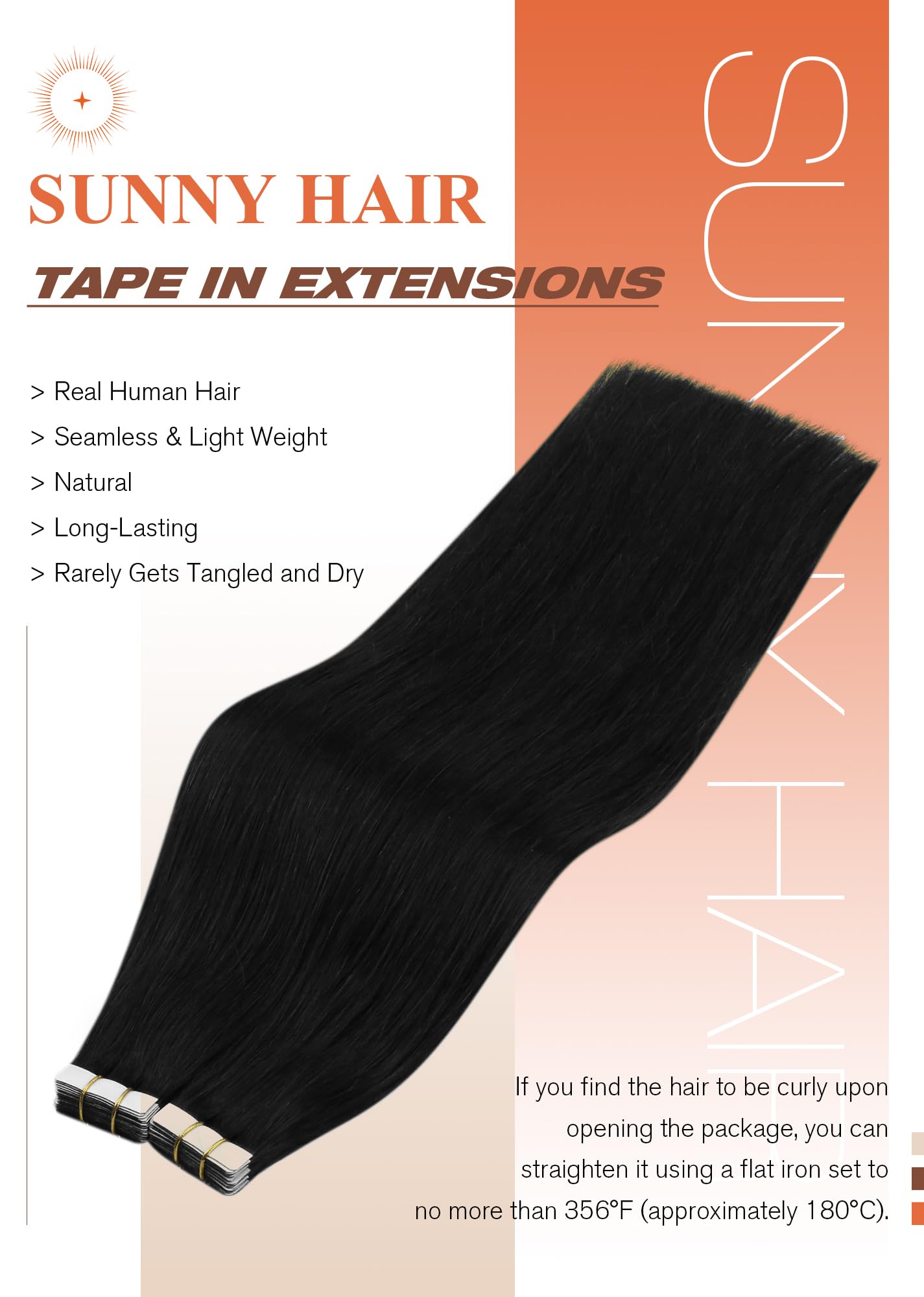 Sunny Hair Tape in Hair Extensions Real Human Hair Invisible Remy Hair Extensions Tape ins for Women Jet Black 24 inch 20Pcs 50G