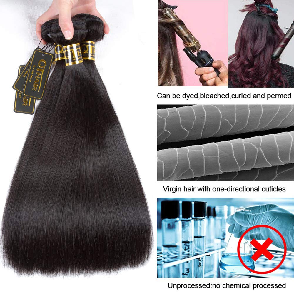 QTHAIR 16A Grade Brazilian Straight Human Hair Bundles 100% Unprocessed Brazilian Straight Human Hair Weave Natural (16", Hair Bundles)