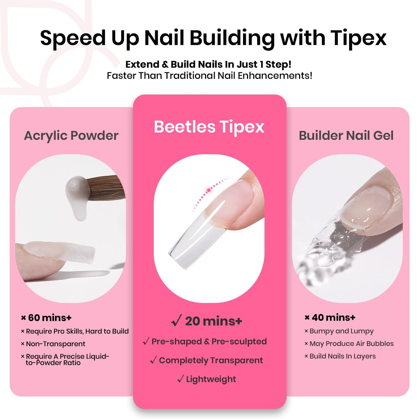 Beetles Tipex Nail Tips Long Square-C Curved Half Matte Nail Tips 224 Pcs Pre Building Fake Nails with Uv Nail Glue, LED Nail Lamp - Thick Acrylic Nail Set for Flat Nails
