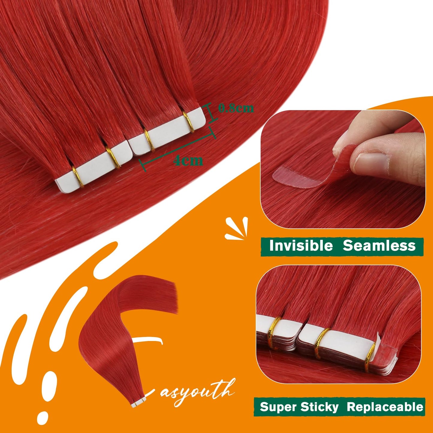 Easyouth Human Hair Tape in Extensions Red Tape in Hair Extensions Human Hair Red Tape ins Human Hair Extensions Colorful Hair Extension Real Human Hair Tape ins 18Inch 50g 20pcs Diy Hair Extension