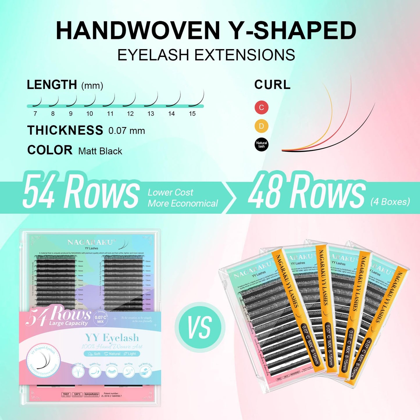 NAGARAKU YY Eyelash Extensions High Capacity 54 Rows 0.07 C Curl 7-15mm Mix Length Supplies Y Lash 4D Russian Volume Cross YY Eyelashes Handwoven Y Shaped Mesh Technology Wispy Cluster Matte Black