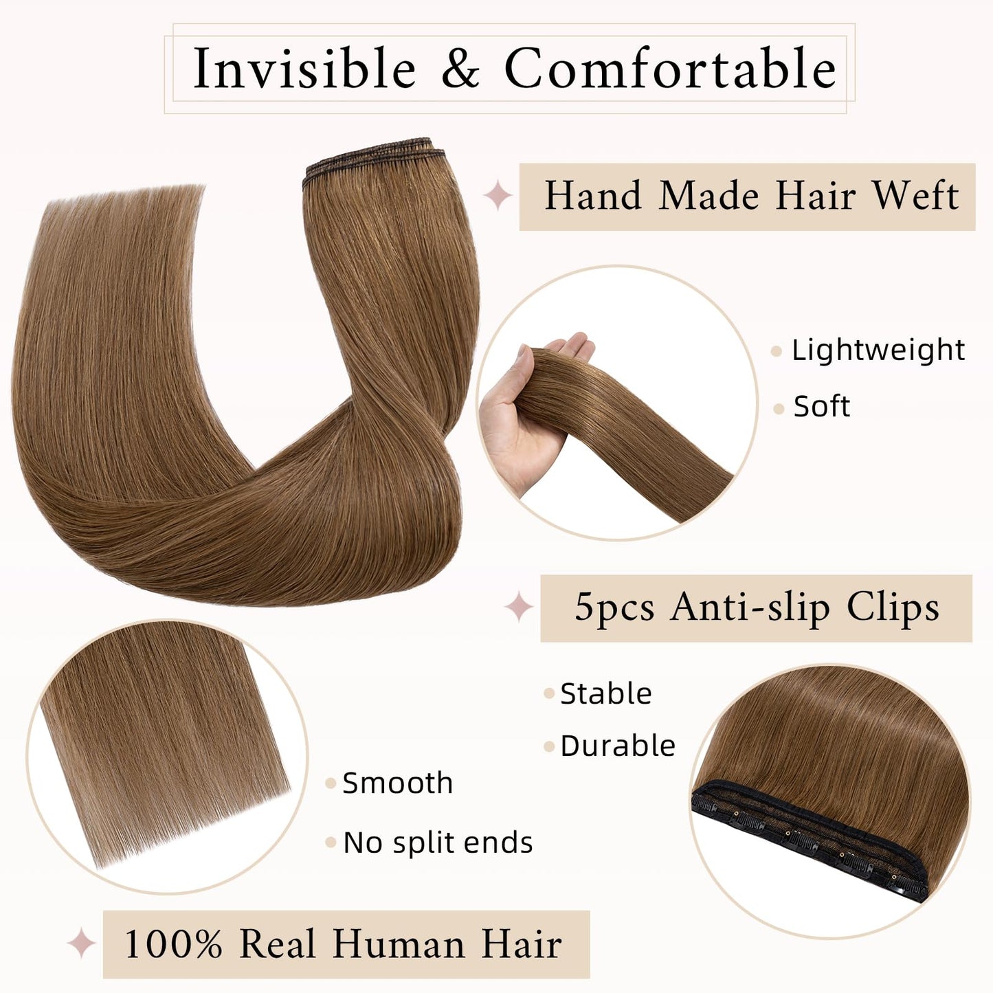 SEGO One Piece Clip in Extensions, 5 Clips Real Human Hair Extensions, Long Straight, 10 inches, #06 Light Brown