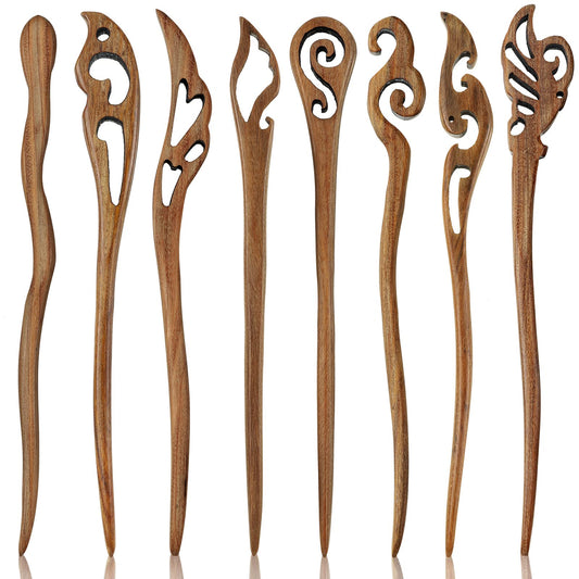 Chuangdi 8 Pieces Wooden Hair Sticks Japanese Hair Chopstick for Women Bun Maker, Chinese Chopstick Hairpin for Women Handmade Chignon Maker Accessories(Retro Pattern)