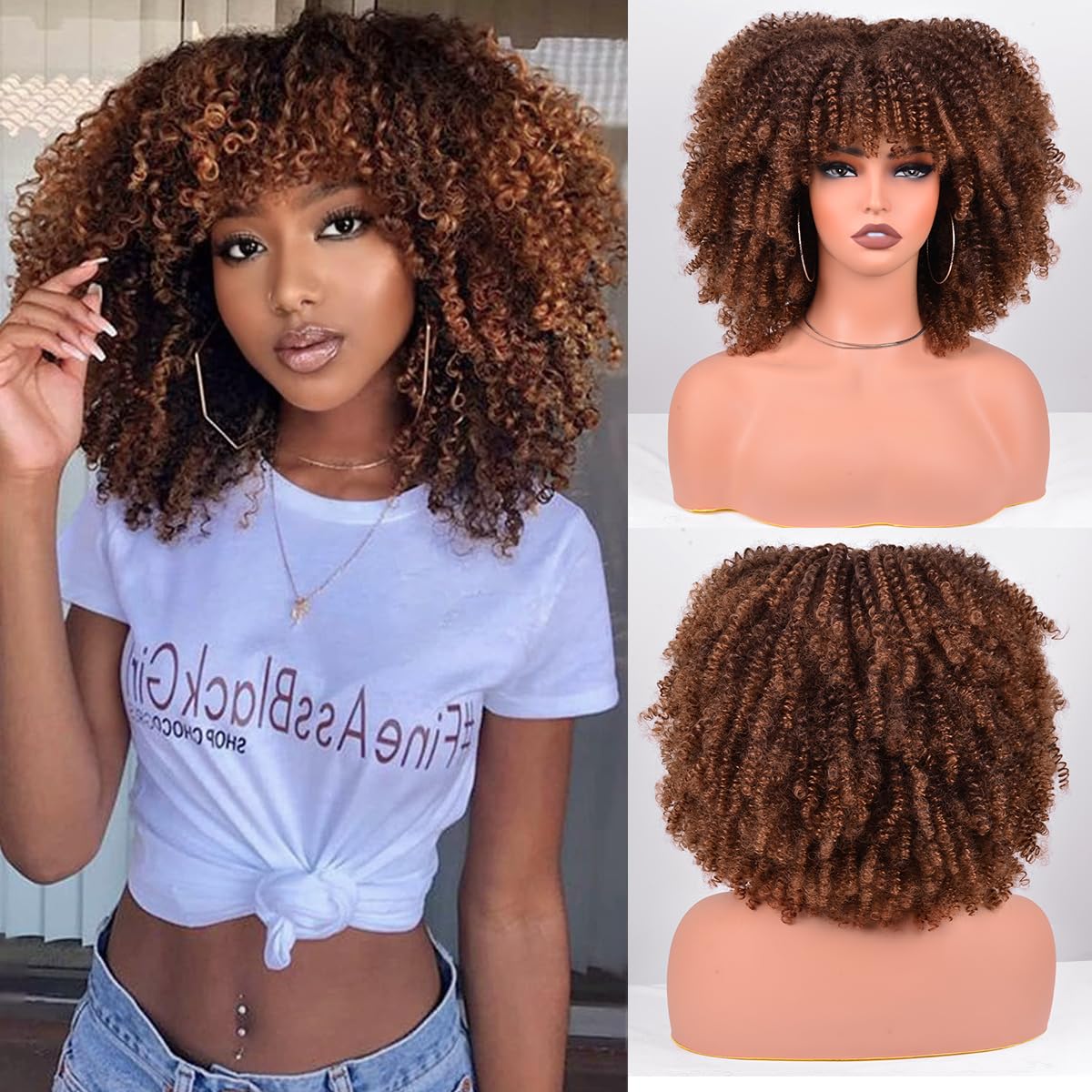 Vitorish Afro Wigs for Black Women Kinky Curly Hair Wig about 280g/Piece Afro Synthetic Full Wigs Soft and Fluffy Like a Bomb 12 Inches Short Kinky Curly Hair (Ombre Brown)
