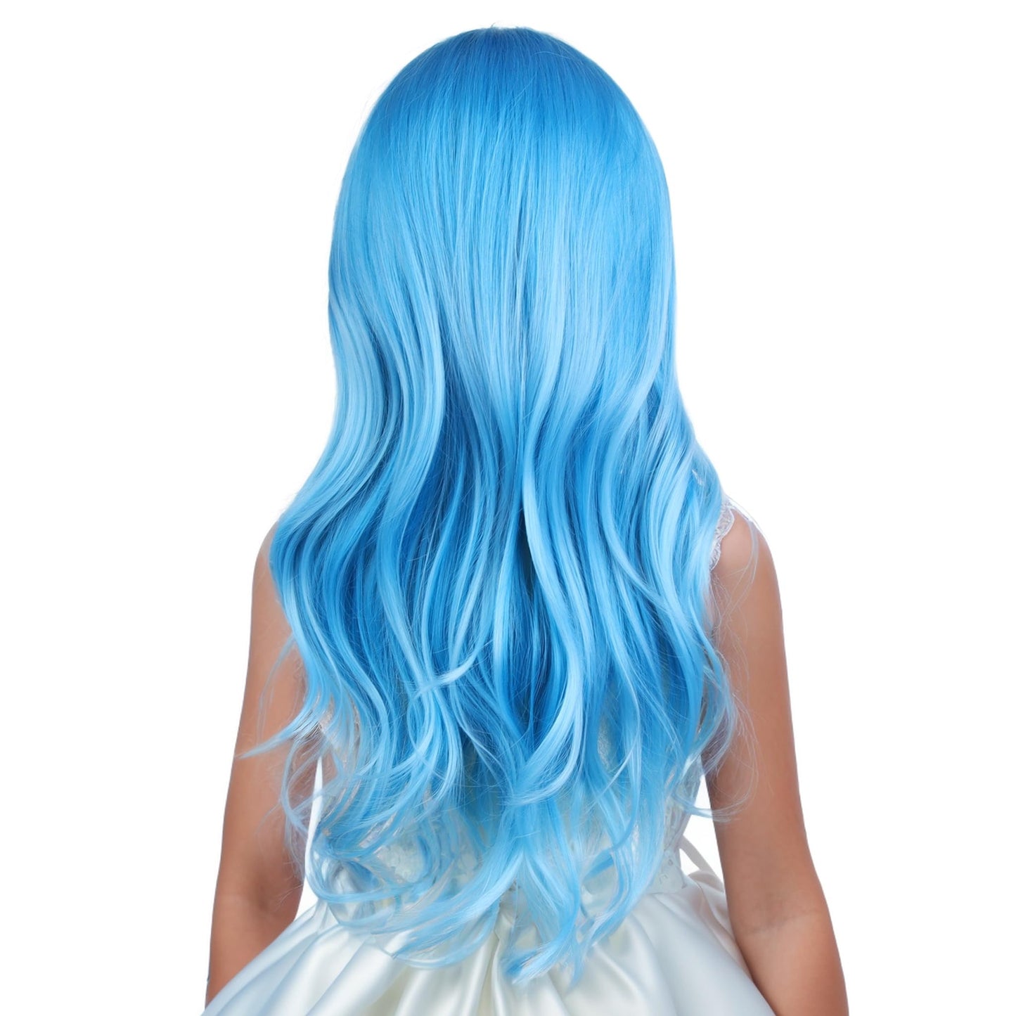 Edivd Girls Blue Ombre Wig Kids Long Mixed Light Blue Middle Part Wig Ombre Wavy Curly Wigs for Children Heat Resistant Synthetic Wigs with Cap
