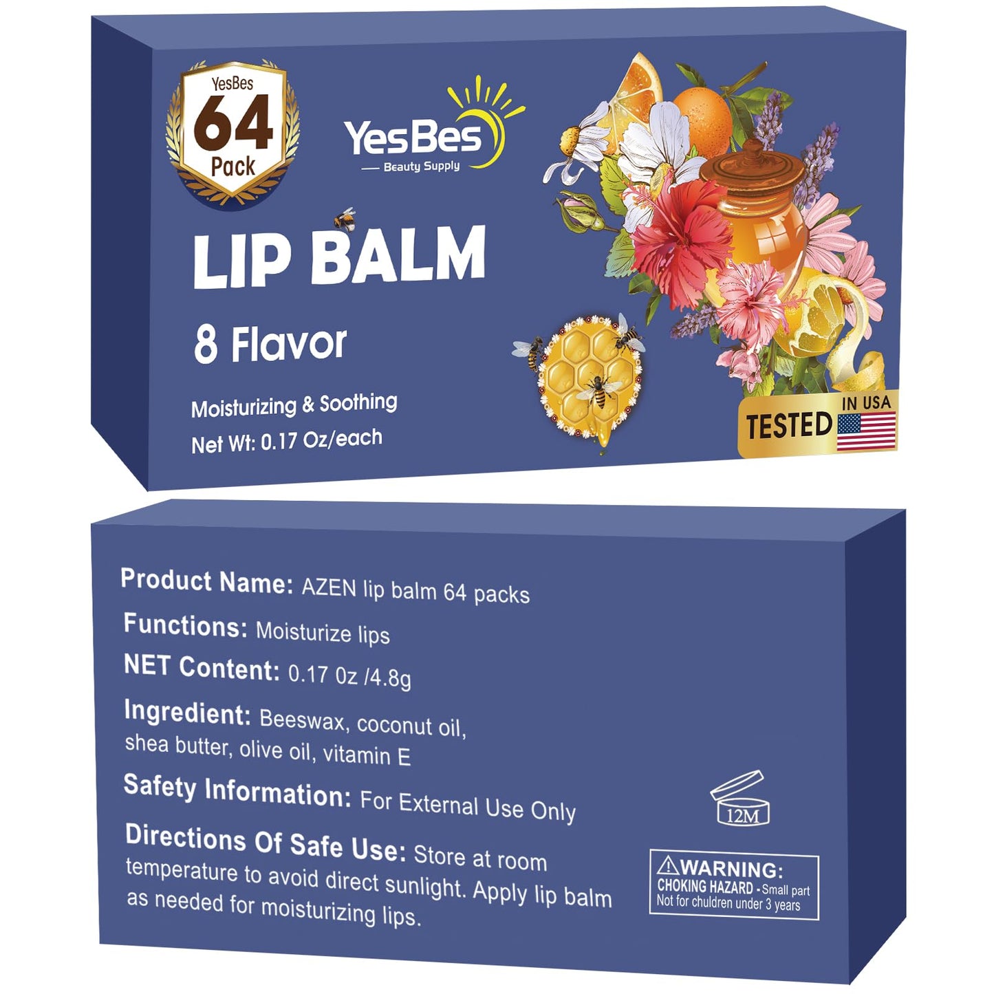 YesBes 64 Pack Lip Balm, Natural Lip Balm Bulk with Vitamin E and Coconut Oil, Moisturizing Lip Balms for Dry Cracked Lips, Lip Balms for Stocking Stuffers - 8 Flavors