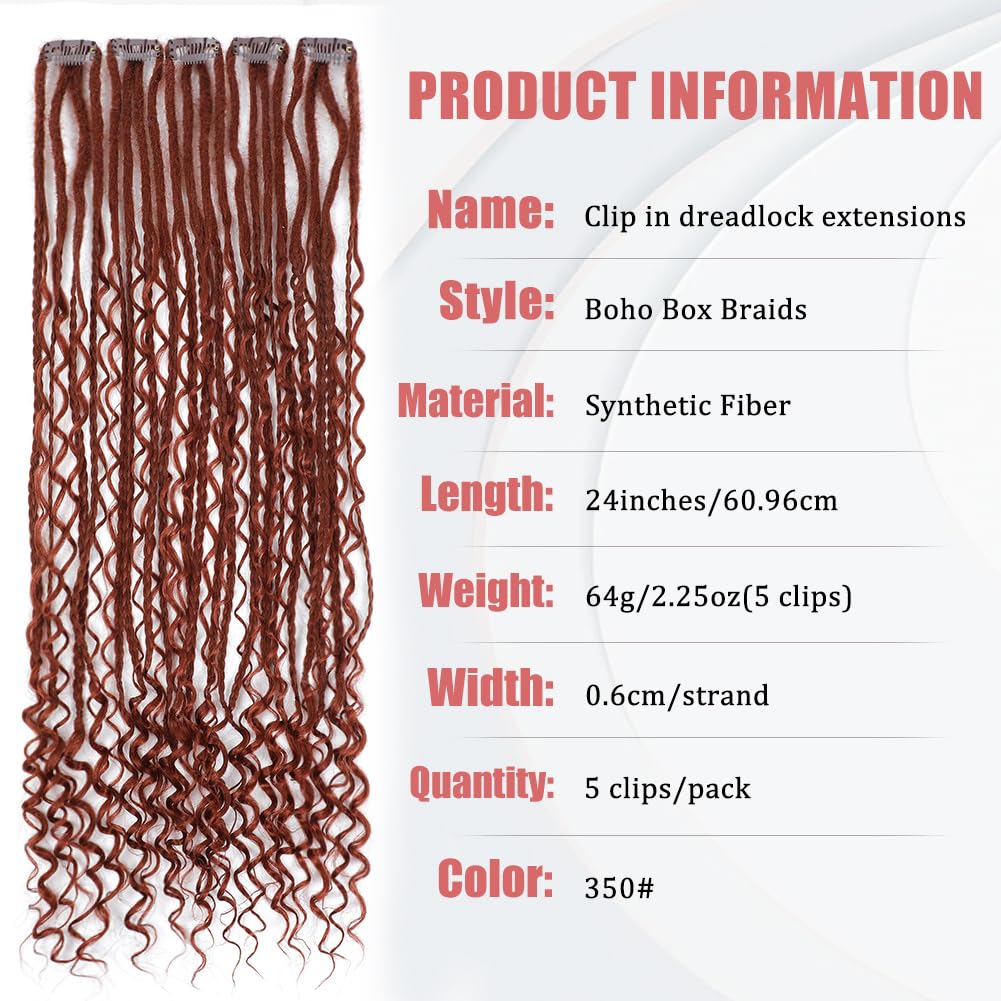 Ajsowju Boho Dreads Clip in Dreadlock Extension 5PCS 20 Strands Clip in Boho Dreadlock 24inches Thin Soft Dread Extenisons for Women (#350,Boho)