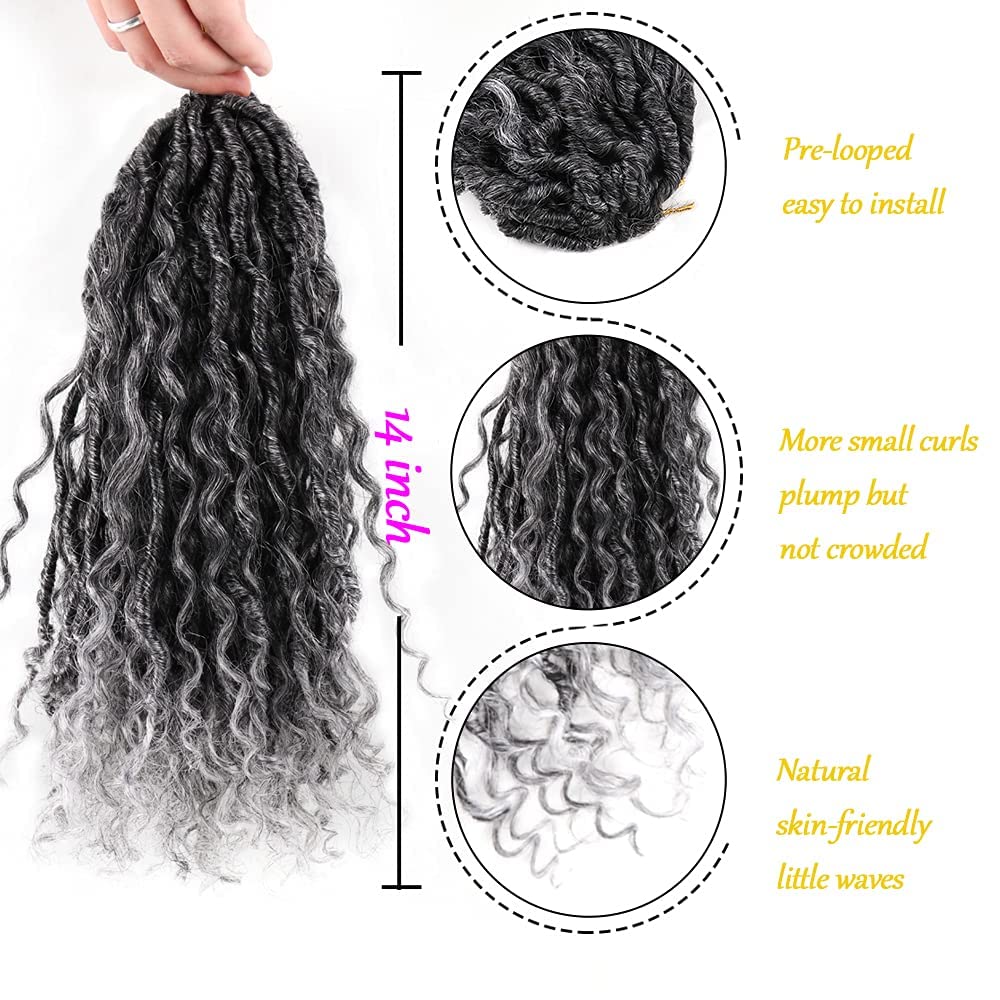 6 Packs New Goddess Curly Locs Crochet Hair 14 Inch Curly Crochet Hair Faux Locs Crochet Hair Boho Hippie Locs River locs Synthetic Hair Extensions for Braids for Black Women(14Inch?T1B/Gray)