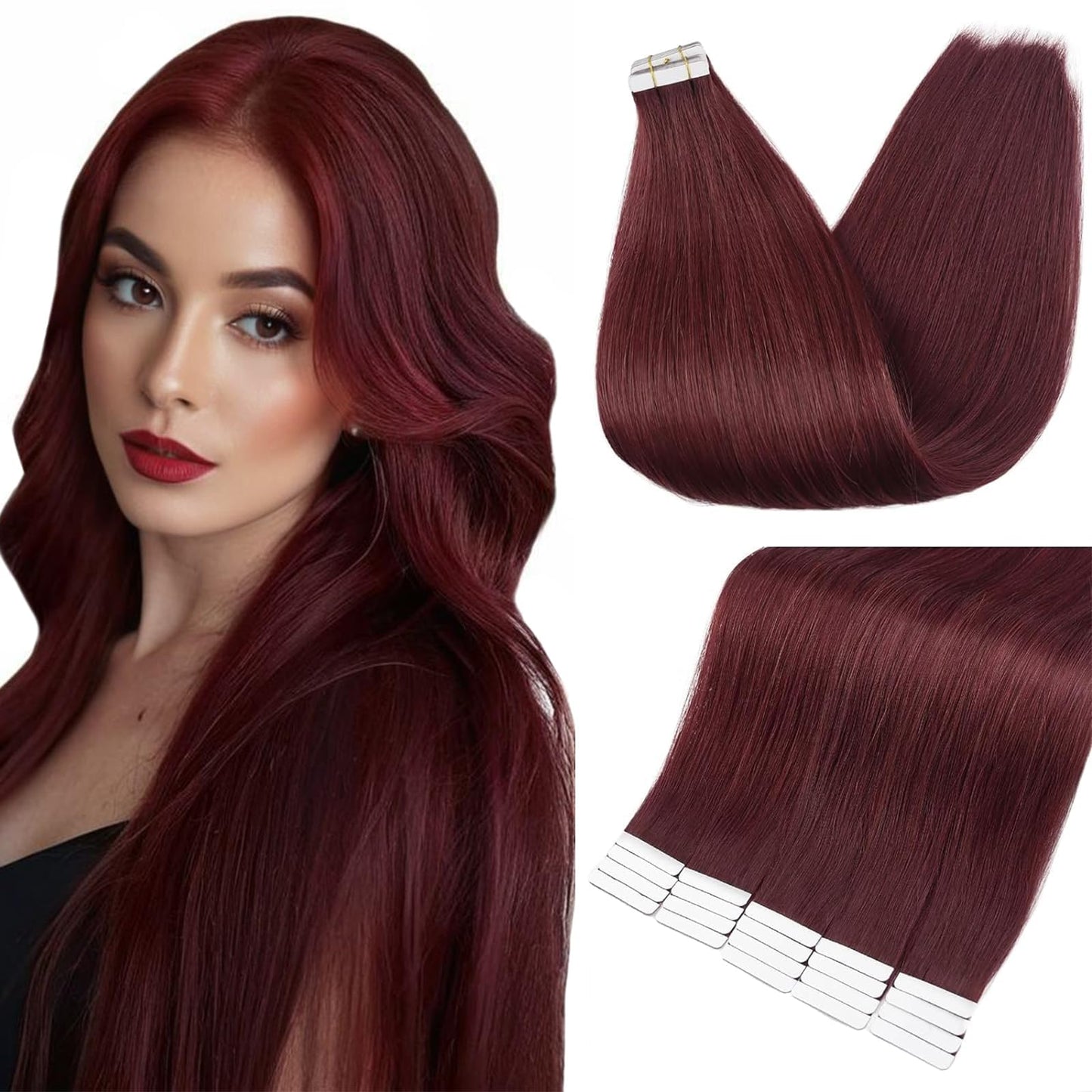 Full Shine Tape in Hair Extensions Human Hair 20PCS Seamless Remy Tape in Extensions Color 99J Red Wine Double Sided Natural Human Hair Burgundy Hair Extensions Tape Ins 12 Inch 30g
