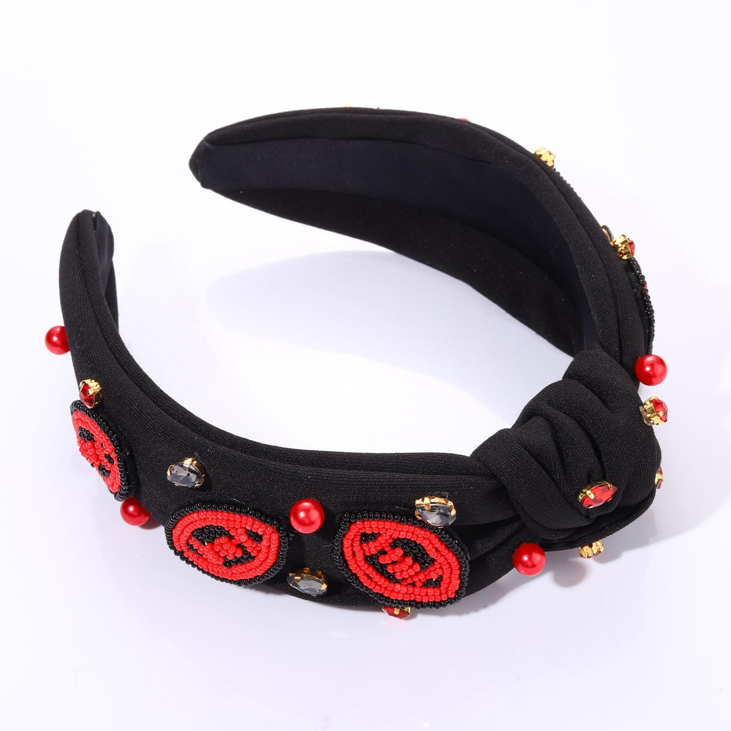 JERTOCLE Football Knotted Headbands for Women Game Day Sports Headband Pearl Crystal Bejeweled Wide Top Knot Hairband Game Day Hair Accessories (Red Black2)