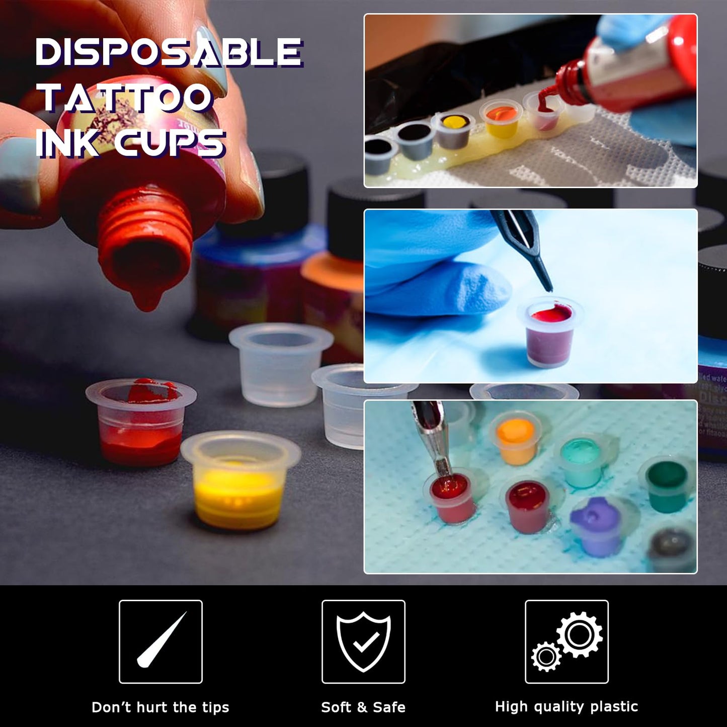 WZPB Tattoo Ink Caps with Cup Holder - 300 Mixed Size Tattoo Ink Cups 100 Small 100 Medium 100 Large with 3 Black Tattoo Ink Cap Holders Permanent Makeup Container for Tattoo Ink Tattoo Supplies