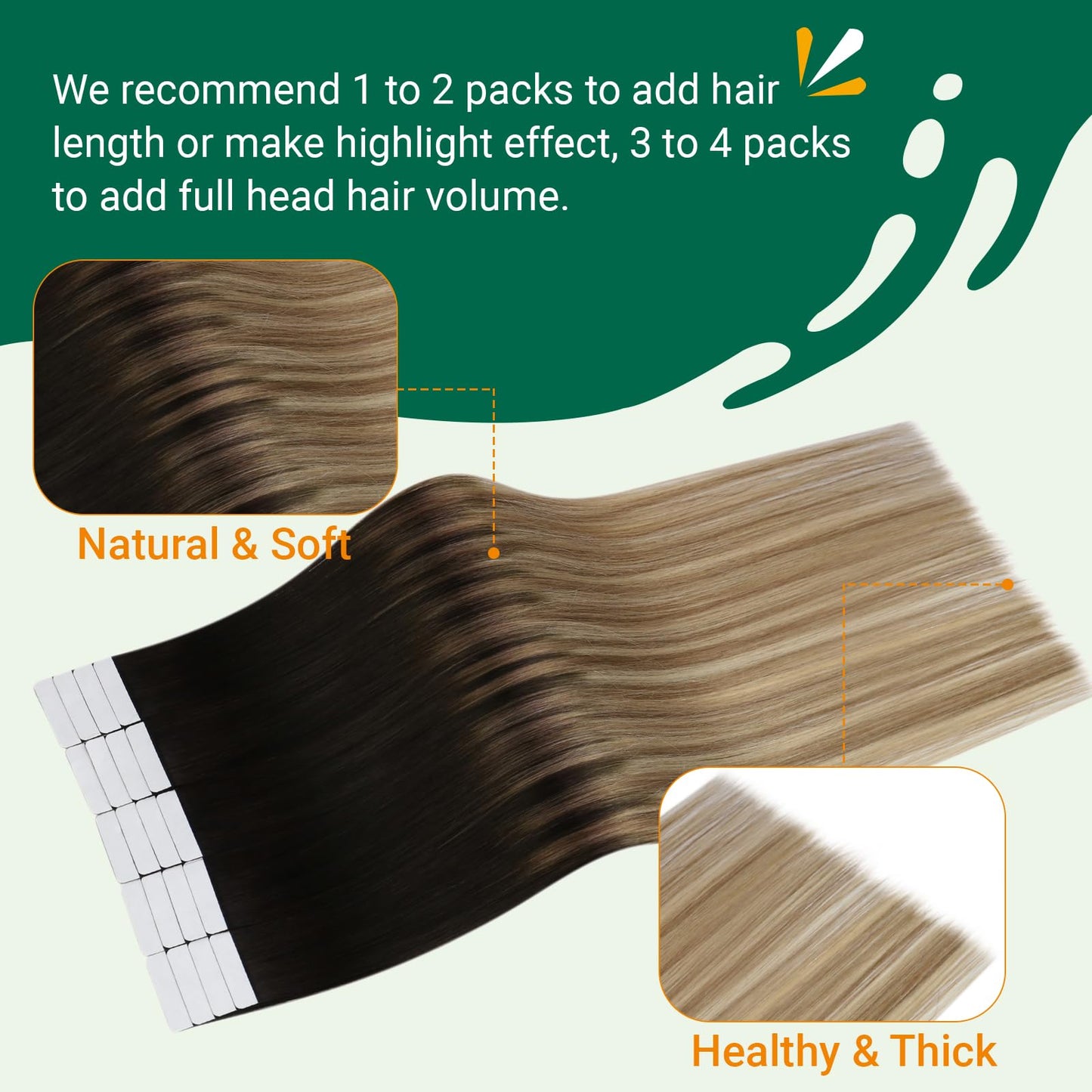 Easyouth Balayage Tape in Hair Extensions Human Hair Black Hair Extensions Real Human Hair Tape in Ombre Brown Tape ins Human Hair Extensions Brown Blonde #1b/8/22 20Inch 20Pcs 50g