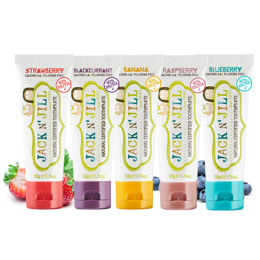 Jack N' Jill Natural Toddler Toothpaste - Fluoride Free Training Toothpaste for Toddlers 1-3, 40% Xylitol, BPA Free - 1.76 oz (Variety Pack of 5)