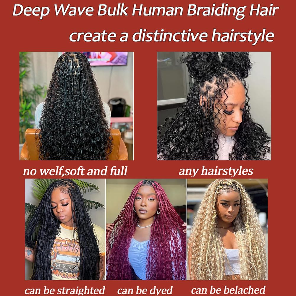 Deep Wave Bulk Human Hair For Braiding 100 Percent Human Braiding Hair For Boho Braids No Weft Brazilian Virgin Curly Human Hair Extensions（2 Braids Per of 1 pack 100g ）