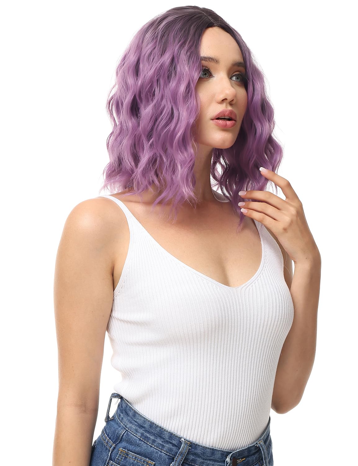Rose bud Wavy Bob Wig Natural Wig Ombre Purple Synthetic Hair Shoulder Length Short Curly Middle Part Lace Front Wigs for Women