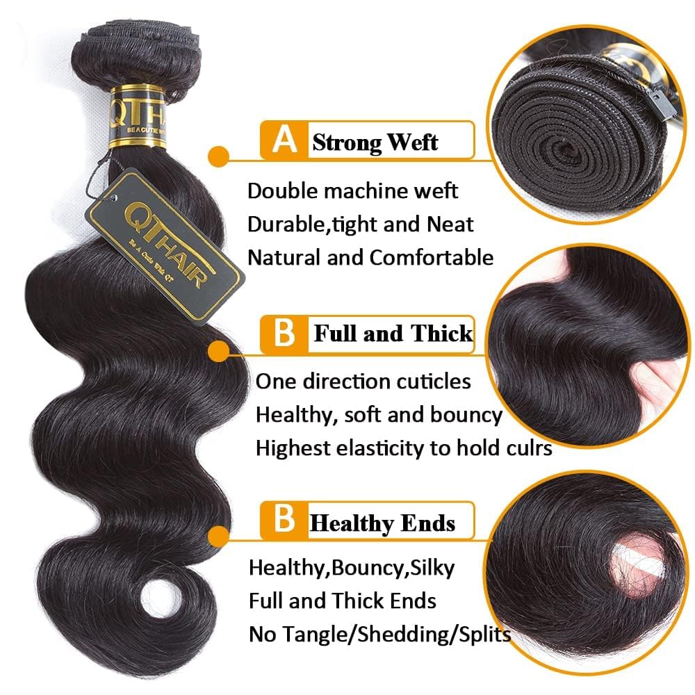 QTHAIR Brazilian Body Wave Human Hair Bundles (24" 26" 28", 16A,Natural Black) 100% Unprocessed Brazilian Virgin Hair Body Wave Human Hair Weave for Black Women