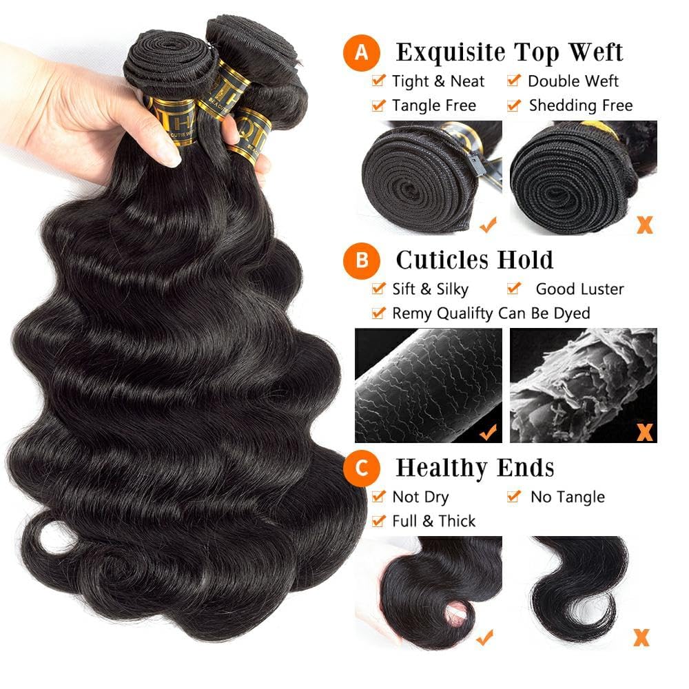 QTHAIR Brazilian Body Wave Human Hair Bundles (24" 26" 28", 16A,Natural Black) 100% Unprocessed Brazilian Virgin Hair Body Wave Human Hair Weave for Black Women