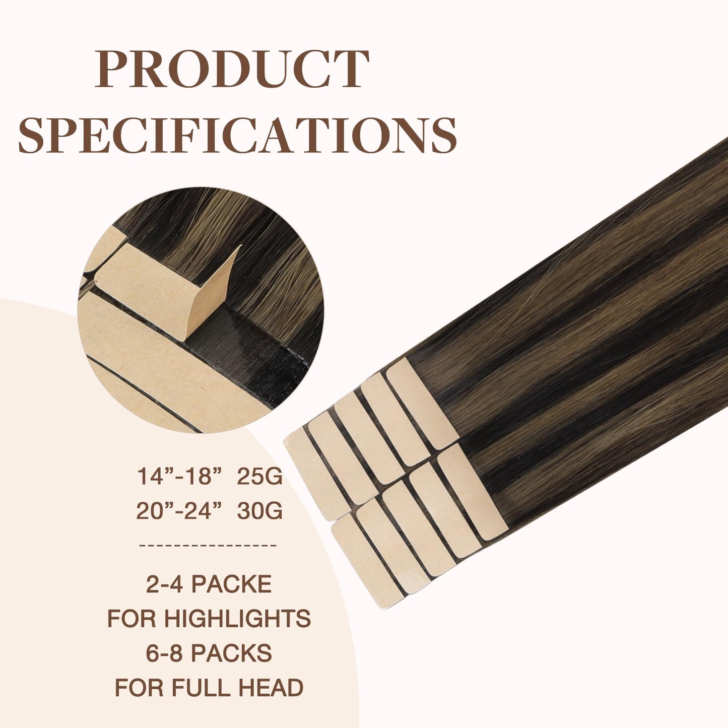 GOO GOO Tape in Hair Extensions Human Hair, Dark Brown Highlighted Chestnut Brown, 18inch 25g 10pcs, Thick Ends Straight Seamless, Invisible