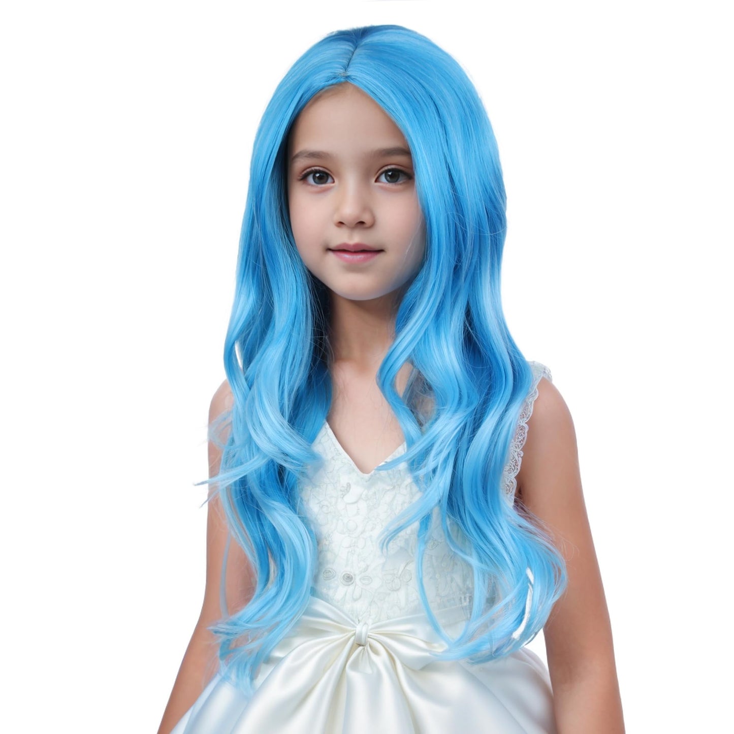 Edivd Girls Blue Ombre Wig Kids Long Mixed Light Blue Middle Part Wig Ombre Wavy Curly Wigs for Children Heat Resistant Synthetic Wigs with Cap