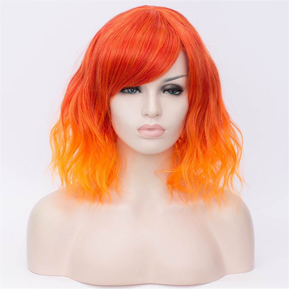 BUFASHION 14" Women Short Wavy Curly Wig Ombre Orange Bob Wig Cosplay Halloween Synthetic Wigs with Side Bang Wig(Ombre Orange)