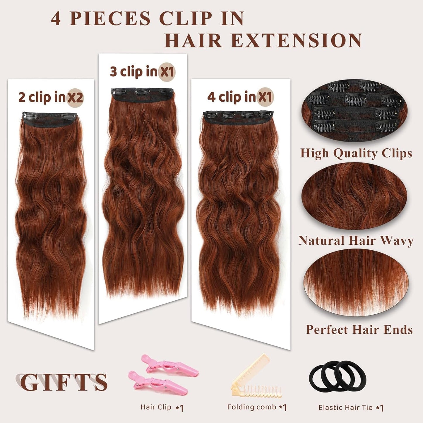 NAYOO Clip in Curly Hair Extensions 4PCS Long Wavy Synthetic Thick Hairpieces with Fiber Double Weft for Women Hair Full Head (24 Inch, Auburn)