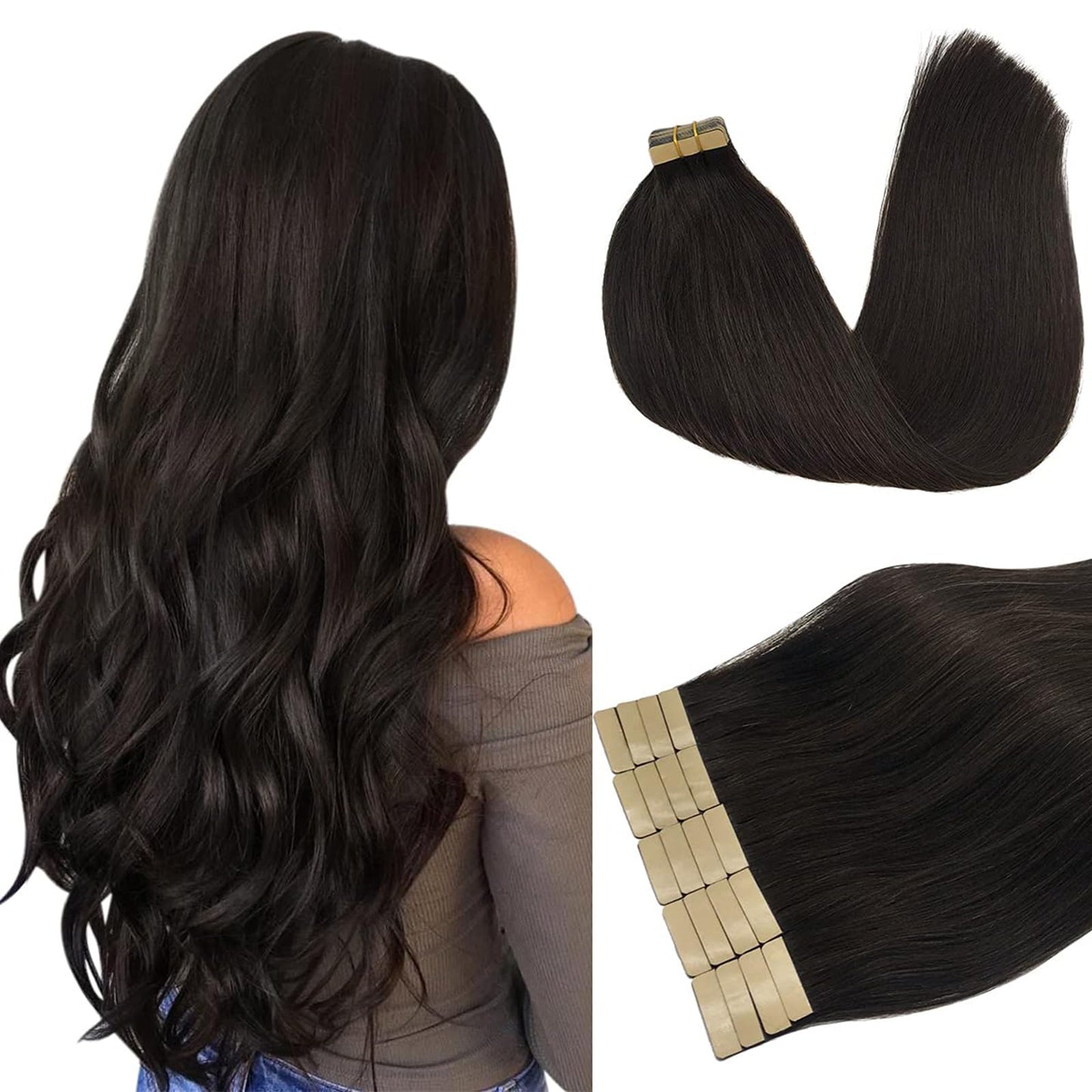 DOORES Hair Extensions Tape in 16 Inch 50g 20pcs Real Dark Brown Skin Weft Tape in Human Hair Extensions Straight Hair Extensions