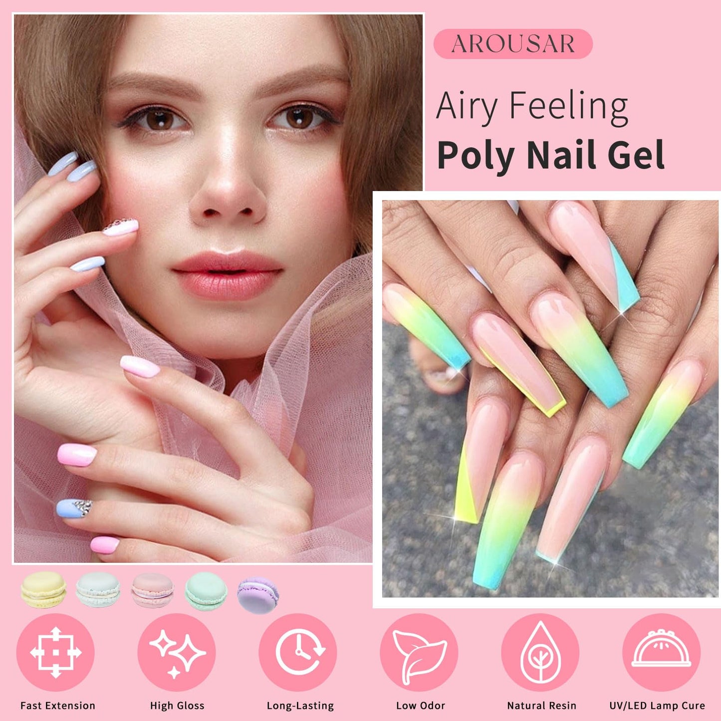 Arousar Poly Nail Gel Set, 8 Colors Pink Green Yellow Purple Nail Extension Gel for Beginners Professional Nails Art Thanksgiving Day & Halloween DIY Design Nail Art Salon at Home