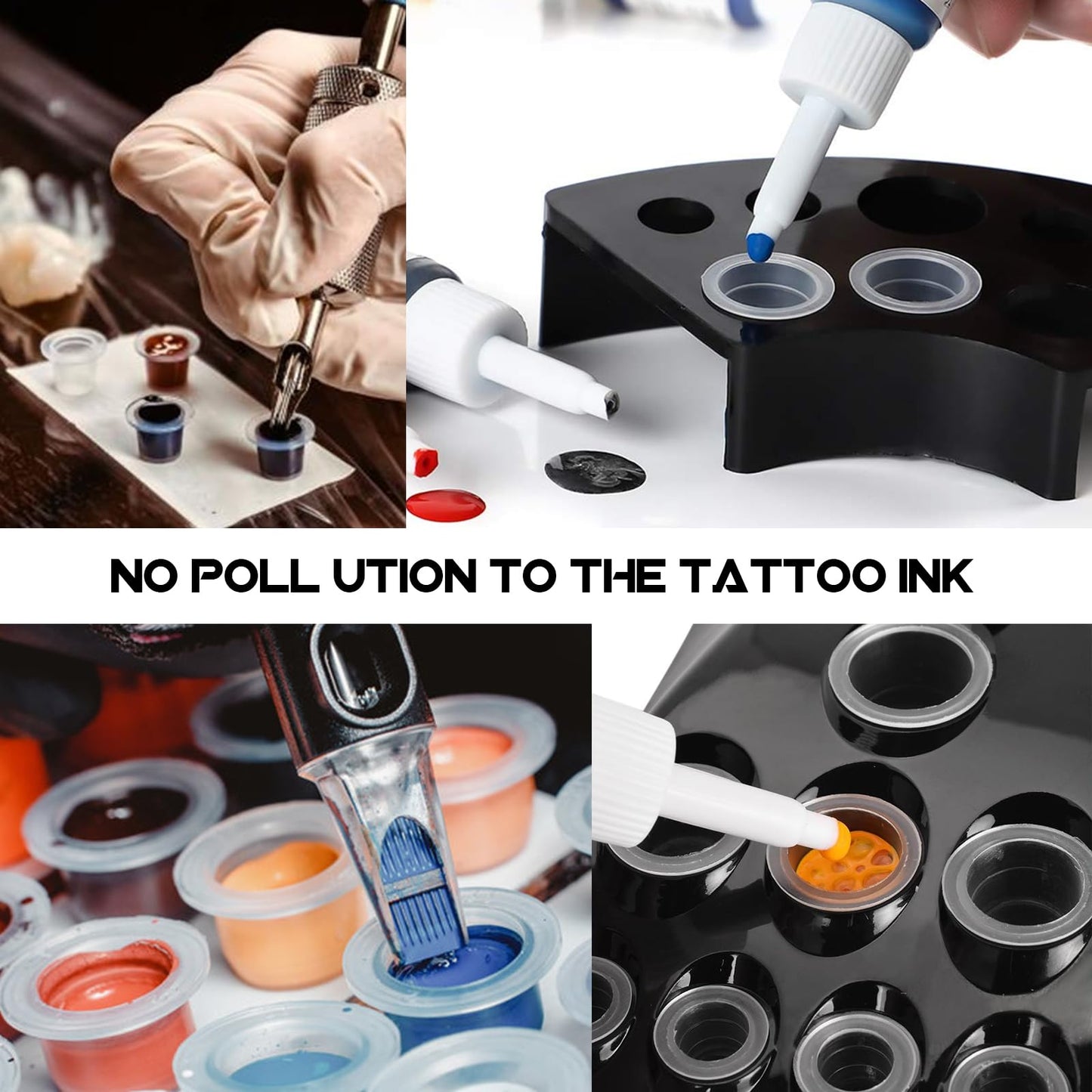 WZPB Tattoo Ink Caps with Cup Holder - 300 Mixed Size Tattoo Ink Cups 100 Small 100 Medium 100 Large with 3 Black Tattoo Ink Cap Holders Permanent Makeup Container for Tattoo Ink Tattoo Supplies