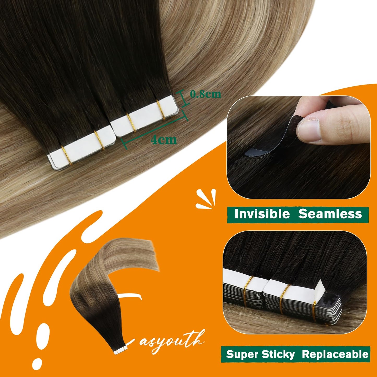 Easyouth Balayage Tape in Hair Extensions Human Hair Black Hair Extensions Real Human Hair Tape in Ombre Brown Tape ins Human Hair Extensions Brown Blonde #1b/8/22 20Inch 20Pcs 50g