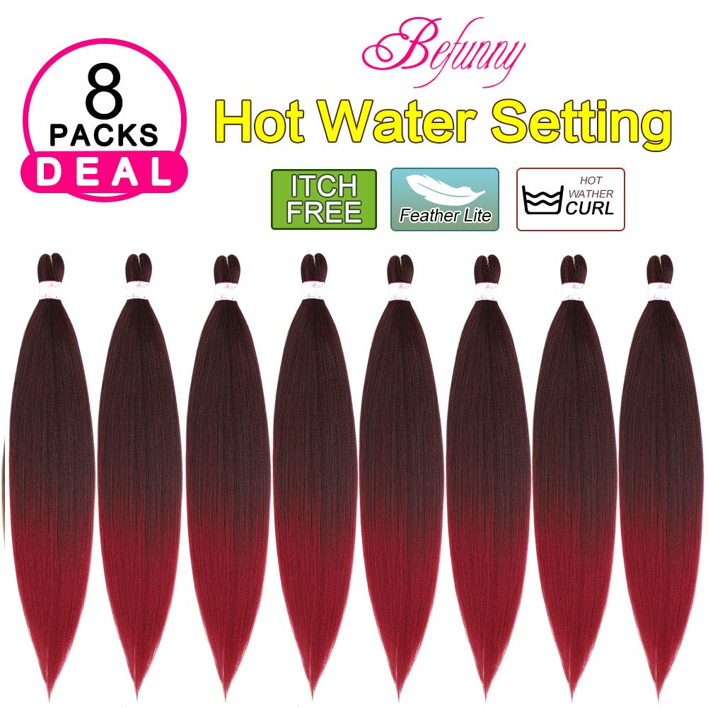 BEFUNNY Ombre Red Braiding Hair Pre Stretched, 8 Packs/Lot 24 Inch Pressional Prestretched Braiding Hair, Yaki Texture Synthetic Hair Extensions For Human Crochet Braids, Itch Free(24", T1B/Burgundy#)