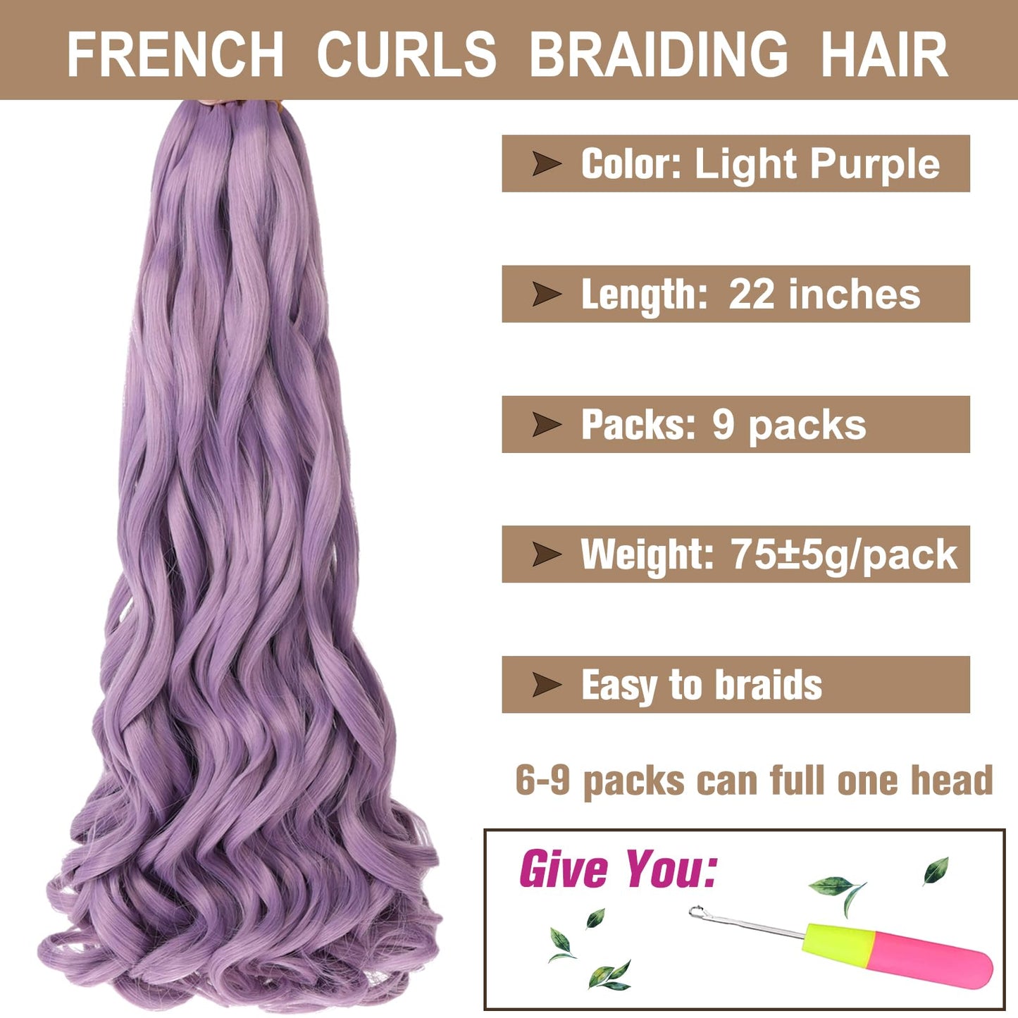 COOKOO 22 Inch French Braids Hair 9 PCS Long Curly Braiding Hair Bouncy Loose Wavy Braiding Hair Pre Stretched Spanish Curls Braiding Hair for French Curl Crochet Braids(Light Purple)