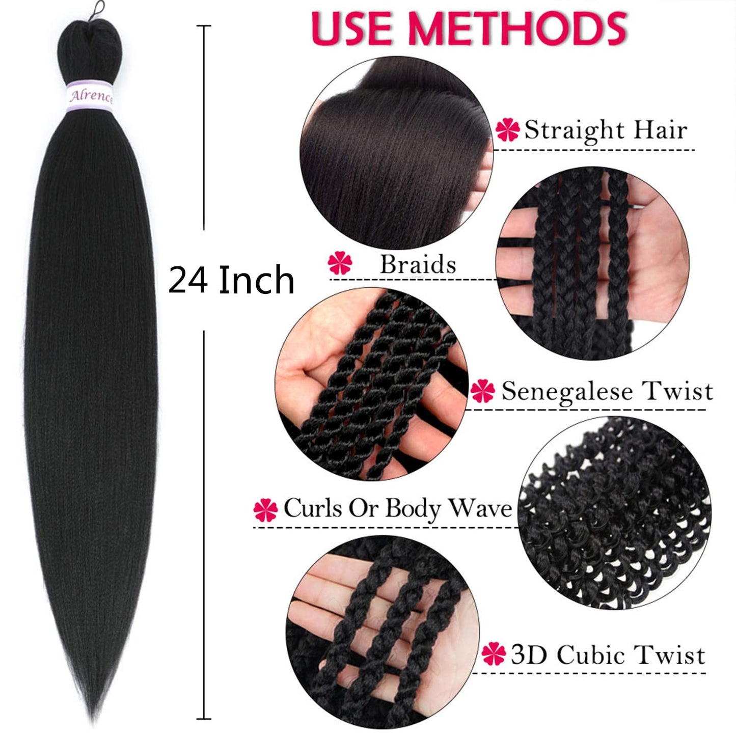 Alrence Pre Stretched Braiding Hair Long Braid 24 Inch 8 Packs Professional Braiding Hair Extensions Synthetic Crochet Twist Braids (24 Inch, 1B#)