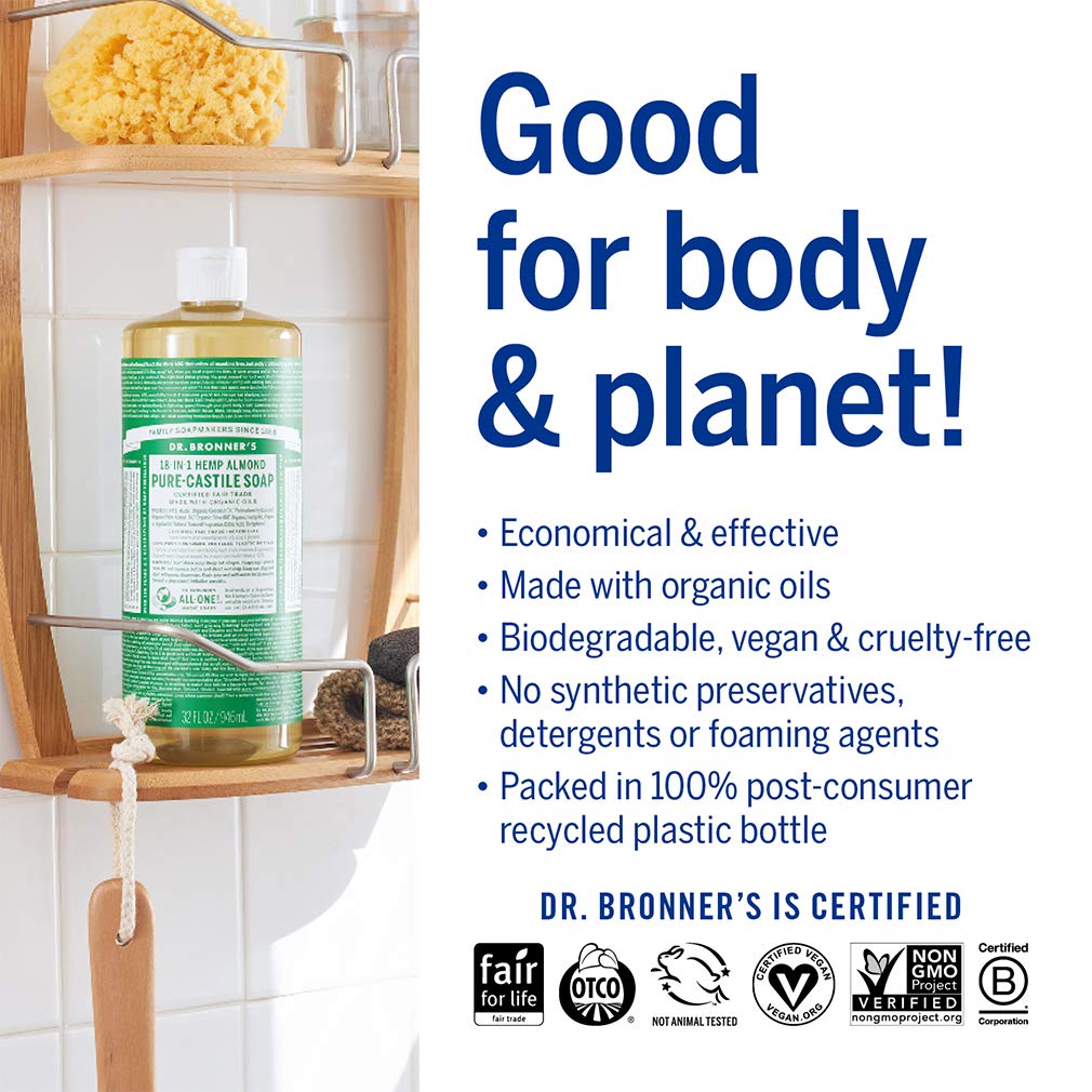 Dr. Bronner's - Pure-Castile Liquid Soap (Almond, 32 ounce) - Made with Organic Oils, 18-in-1 Uses: Face, Body, Hair, Laundry, Pets and Dishes, Concentrated, Vegan, Non-GMO
