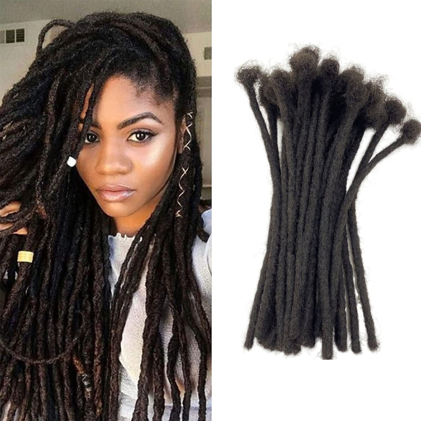 Dreadlock Extensions Human Hair 16 Inch 0.4cm Thickness 10 Strands Locs Extensions Real Human Hair, Natural Black for Women Men Kids Full Handmade Permanent Locs Can Be Dyed and Bleached