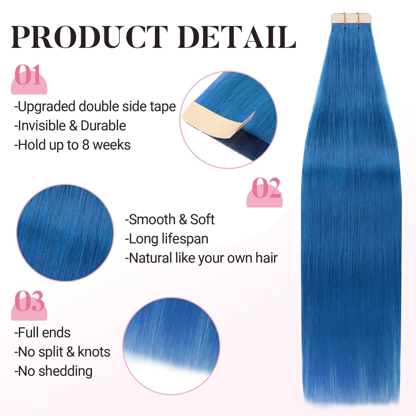 MAXITA Tape in Hair Extensions Human Hair Blue Tape in Extensions 14 Inch 10pcs 25g Remy Invisible Silky Straight Colored Soft Real Human Hair Tape ins Natural Hair Extensions for Women